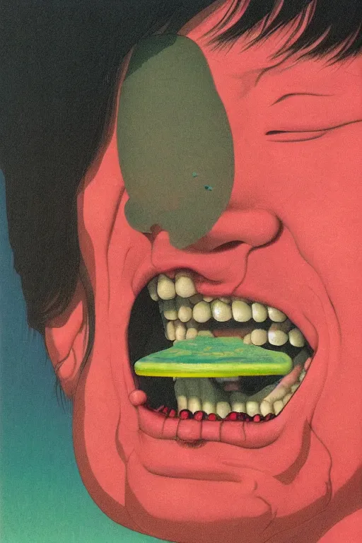 Image similar to a closeup portrait of a simple man licking a tab of LSD acid on his tongue and dreaming psychedelic hallucinations, by kawase hasui, moebius, Edward Hopper and James Gilleard, Zdzislaw Beksinski, Steven Outram colorful flat surreal design, hd, 8k, artstation