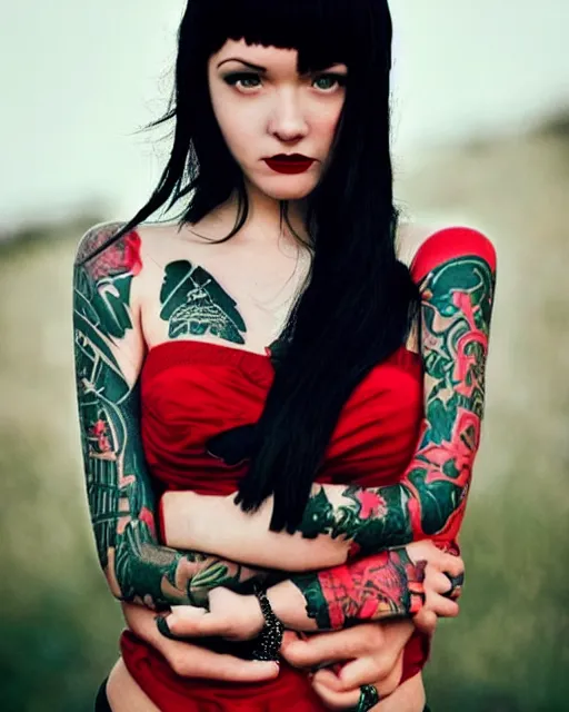 Image similar to cute female with intricate tattoos, crimson - black hair, wearing cute crimson - black bee - themed dress, cinematic lighting, beautiful composition