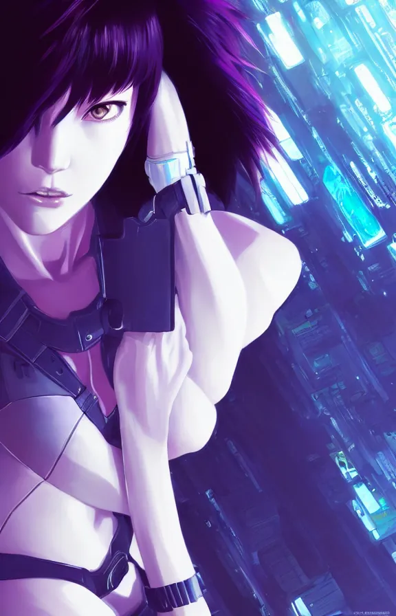 Image similar to a still fullbody portrait of motoko kusanagi ghost in the shell, finely detailed features, closeup at the faces, perfect art, at a cyberpunk city, gapmoe yandere grimdark, trending on pixiv fanbox, by ilya kuvshinov, rossdraws, artgerm