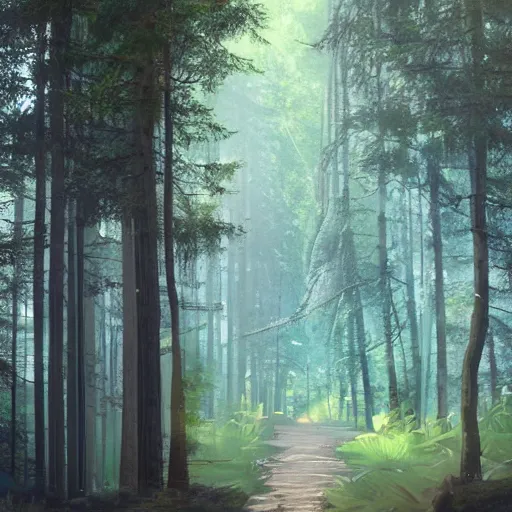 Image similar to An incredibly diverse forest, the light shoots through the trees from the sun, a walking path through the side, in the style of Hayao Miyazaki