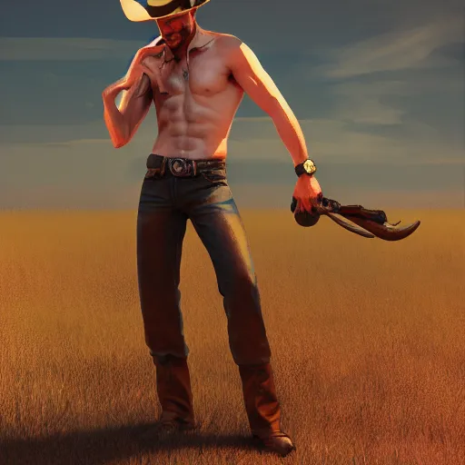 Image similar to a pin up man cowboy model posing, high resolution, artstation, hdr, sharp focus