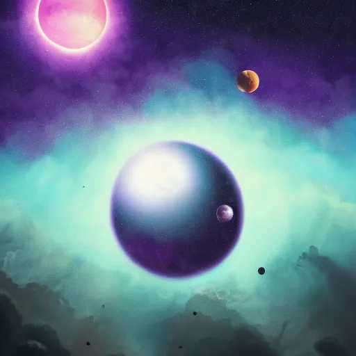 Image similar to a detailed matte painting of a marble - like planet orbiting a large purple sun in a sea of stars surrounded by colorful swirling gas clouds, by alena aenami, petros afshar and greg rutkowski trending on artstation, deviantart, planet, clouds, earth, exoplanet, stars, nubulae hubble, 8 k, 4 k