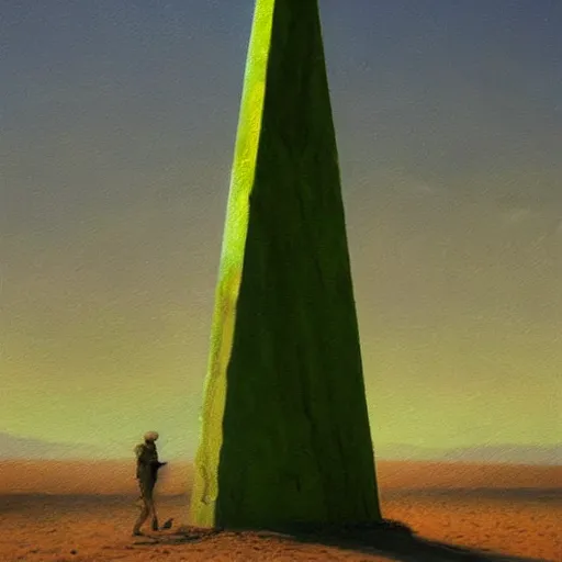 Image similar to A very highly detailed oil painting by Greg Rutkowski of a tall green obelisk made of crystals, glowing bright green in the middle of a very sandy desert.