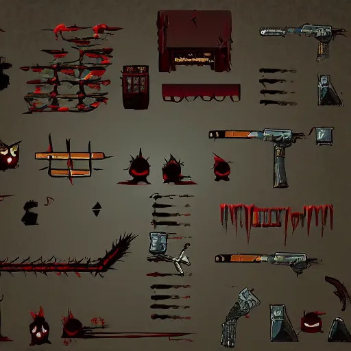 Prompt: 2d assets, horror game, weapons, blood