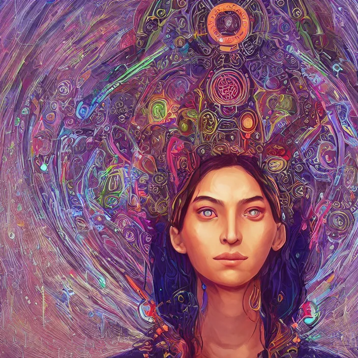 Image similar to portrait of a future metaverse ayahuasca tech shaman warrior, 2 d cartoon, visionary art, symmetric, magick symbols, holy halo, shipibo patterns, sci - fi, concept art, trending on art station, 8 k digital art, by mandy jurgens, fantasy portrait art, anime