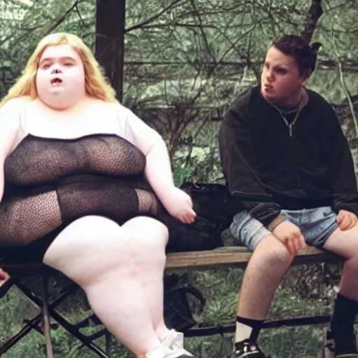 Image similar to photo of Elle fanning extremely obese, disgusting expression, sitting in her own filth, while sad obsessed fan looks on disappointed