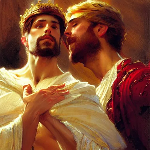 Image similar to attractive fully clothed king confesses his love for his attractive fully clothed male prince. highly detailed painting by gaston bussiere, craig mullins, j. c. leyendecker