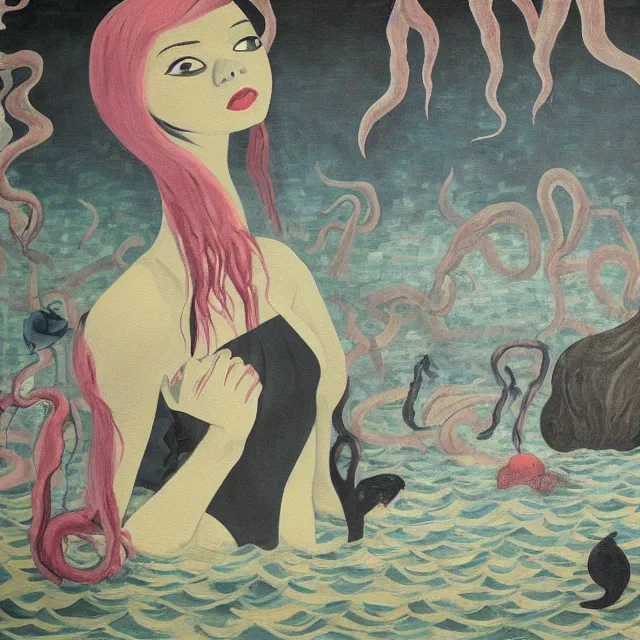 Prompt: tall female emo artist holding an octopus in a flooded cafe, octopus, water gushing from ceiling, painting of flood waters inside a cafe, a river flooding indoors, pomegranates, pigs, ikebana, water, octopus, river, rapids, waterfall, black swans, canoe, berries, acrylic on canvas, surrealist, by magritte and monet