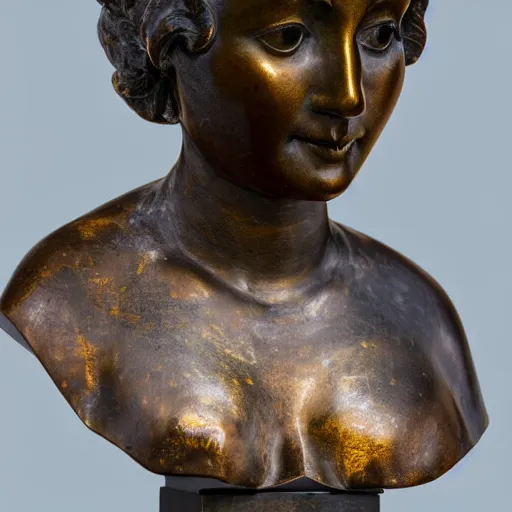 Image similar to detailed photo of an old bronze patina statue of a woman bust, intricate detail, museum lighting