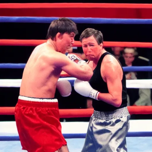 Image similar to bill hicks in a boxing match with bill gates