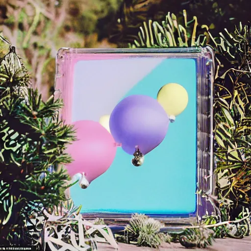 Image similar to a pastel colour high fidelity Polaroid art photo from a whimsical holiday album at a seaside with abstract inflatable parachute furniture ((and some spheres)), all objects made of transparent iridescent Perspex and metallic silver, no people, iridescence, nostalgic