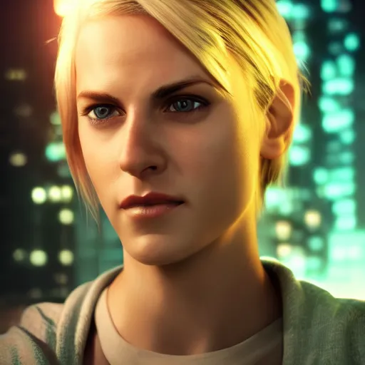 Prompt: Annie Leonhart in a neon city, octane render 8k, atmospheric render, beautiful face, glare