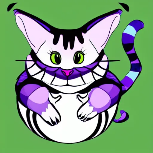 Prompt: the Cheshire cat from Alice in Wonderland hanging from a tree branch, huge head tiny body, vector graphics with clean lines, bright colors