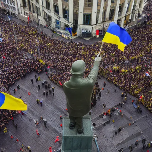 Prompt: a crowd of people with ukrainian flags bring down statue of vladimir lenin, leica sl 2 5 0 mm, dslr, vivid color, high quality, high textured, real life