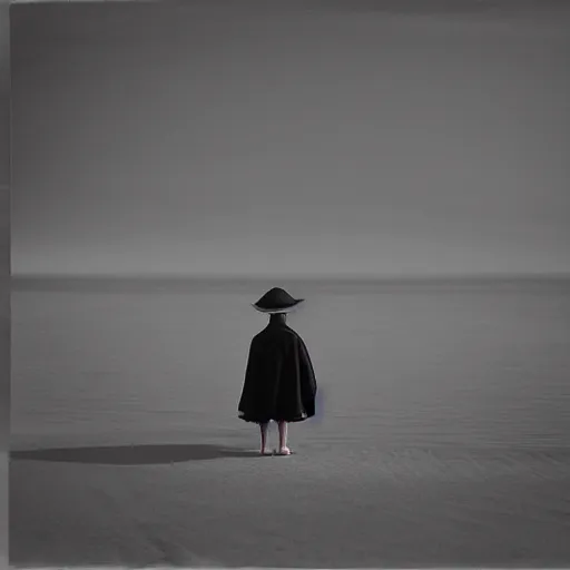 Image similar to A creature 5 meters tall, in a black chiffon layered robe, in a fancy hat and a little girl look into the distance on the seashore,style of Hiroshi Sugimoto::atmospheric illustration