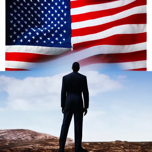 Prompt: a highly detailed photograph of barak obama as master chief, standing in front of a massive american flag, photorealistic, wallpaper, lifelike, highly detailed, movie scene, promotional poster, unreal engine, lens dust, nasa photography