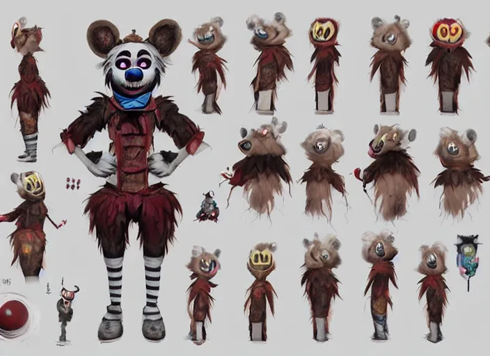 Prompt: award - winning detailed concept art of a creepy clown fnaf animatronic puppet anthropomorphic raccoon character wearing clown makeup face paint. art by wlop on bcy. net, realistic. detailed fur, art by cheng yi. artstationhd, artgerm, 3 dcg, pixar zootopia. 3 d rendering, high quality disney model sheet detailed