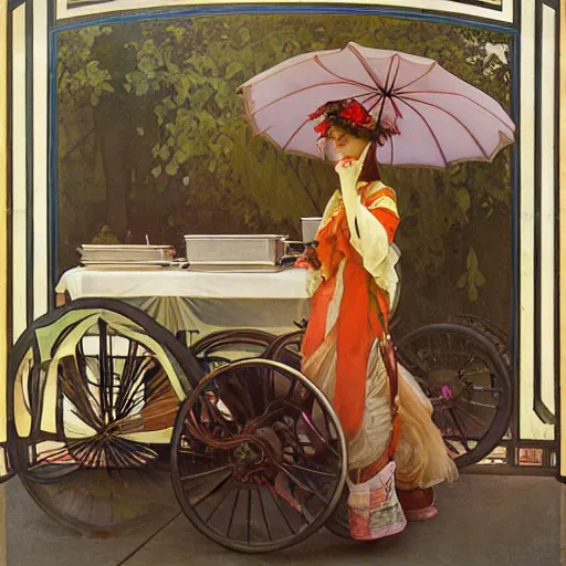 Image similar to a Hot-Dog-Cart selling in new york city art by alphonse mucha and Monia Merlo and Raymond Swanland