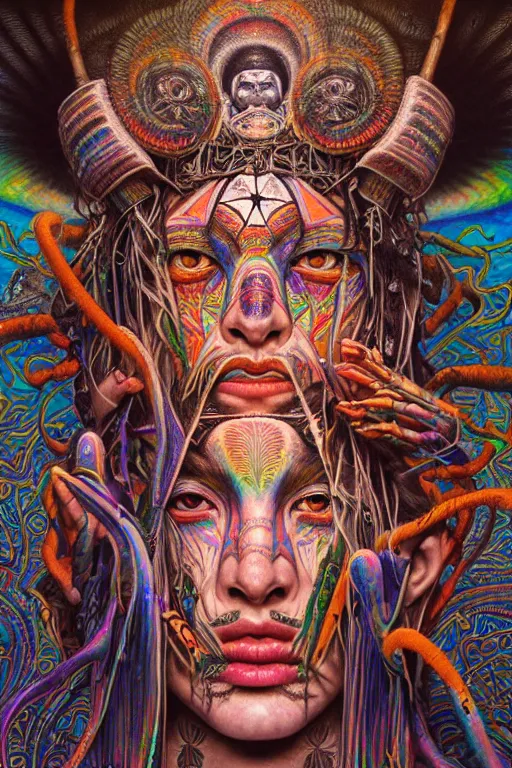 Prompt: psychedelic shaman, iridescent, wearing shipibo tattoos, inside an epic, ancient temple, ayami kojima, greg hildebrandt, mark ryden, hauntingly surreal, eerie vibrating color palette of charlie immer, highly detailed painting by, jenny saville, soft light 4 k