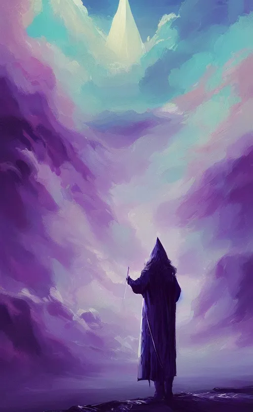 Prompt: a beautiful portrait of gandalf, art of alena aenami, featured on artstation, vertical orientation, paint brush strokes, expressionism, brushstroke - laden, breathtaking clouds, long exposure, midnight theme, blue purple gradient