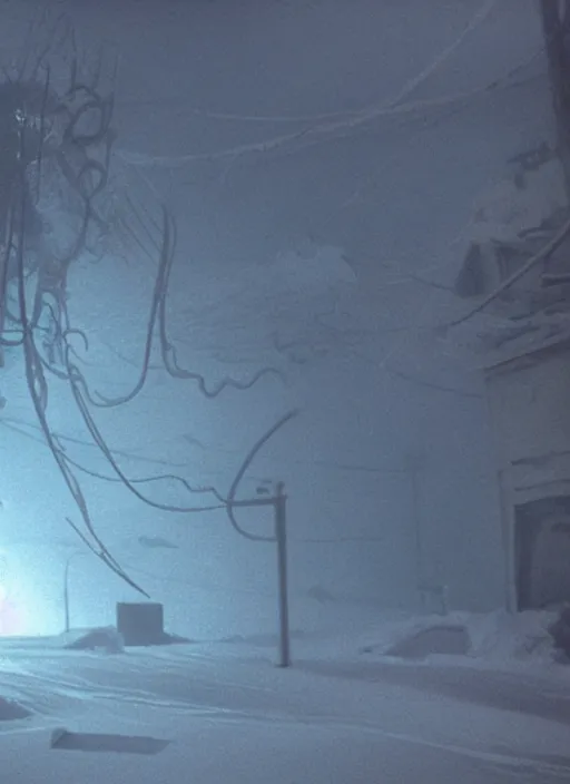 Image similar to a cinematic still from the thing ( 1 9 8 2 ), tentacles, particles, volumetric light, hyperrealistic, snow, ultradetailed, ominous, octane render, neon, fog