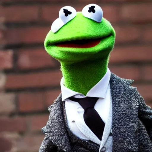 Image similar to Muppet Kermit the Frog in Peaky Blinders very detail 4K quality super realistic