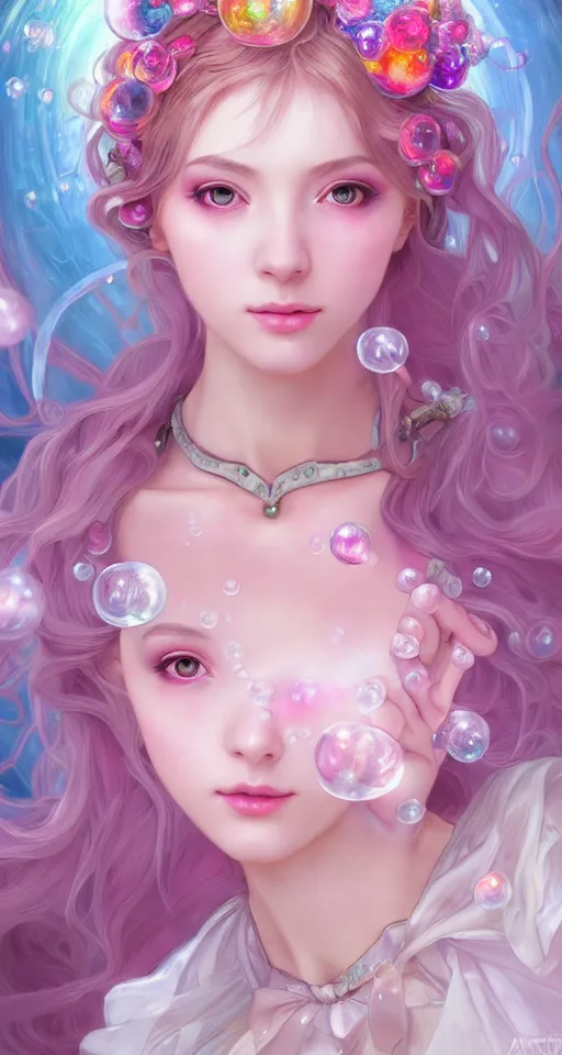 Image similar to dream portrait of magical lolita girl, dreamy and ethereal, expressive pose, big pink eyes, exciting expression, fantasy, intricate, elegant, many rainbow bubbles, rose tones, highly detailed, digital painting, artstation, concept art,cyberpunk wearing, smooth, sharp focus, illustration, art by artgerm and greg rutkowskiand alphonse mucha,