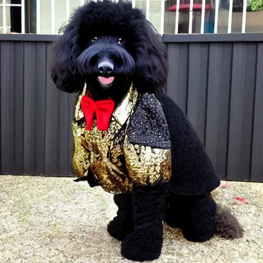 Prompt: black goldendoodle dog, wearing pimp suit