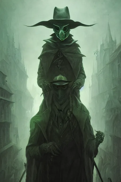 Prompt: A fancy portrait of a green plague doctor by Greg Rutkowski, Dan Mumford, Christophe Vacher, Sung Choi, Bloodborne, 8k photorealistic, volumetric lighting, HD, high details, dramatic, dark atmosphere, trending on artstation