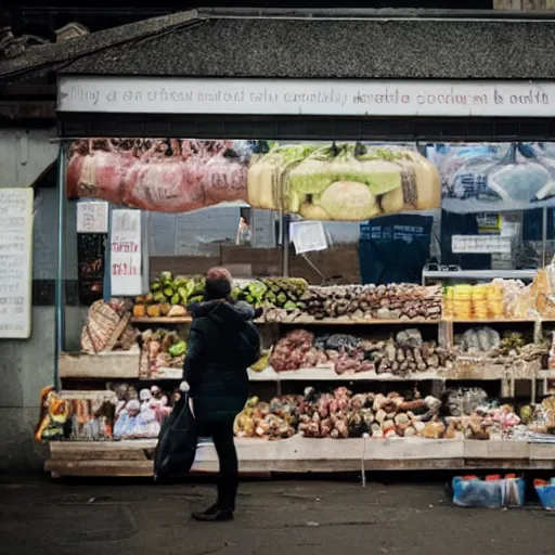 Image similar to a photo of a market stall at a street corner in the style of the film'minority report'taken from a distance, dslr