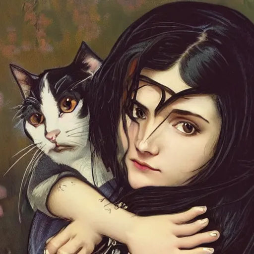 Image similar to cute emo german woman, with long dark hair, thick eyebrows!!! dark eyes and dark circles!, wide nose!!!, big eyes, oval face shape, big cheeks!, she is holding a cat in her arms, by juan villafuerte, greg rutkowski and alphonse mucha, pexels contest winner, high quality photo, hd rtx