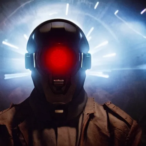 Prompt: movie still of a man with a cyborg helmet with a glowing third eye, cinematic composition, cinematic light, by edgar wright and david lynch