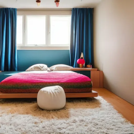 Prompt: photo of a 70's bedroom with a two meters height apple on the bed, soft light