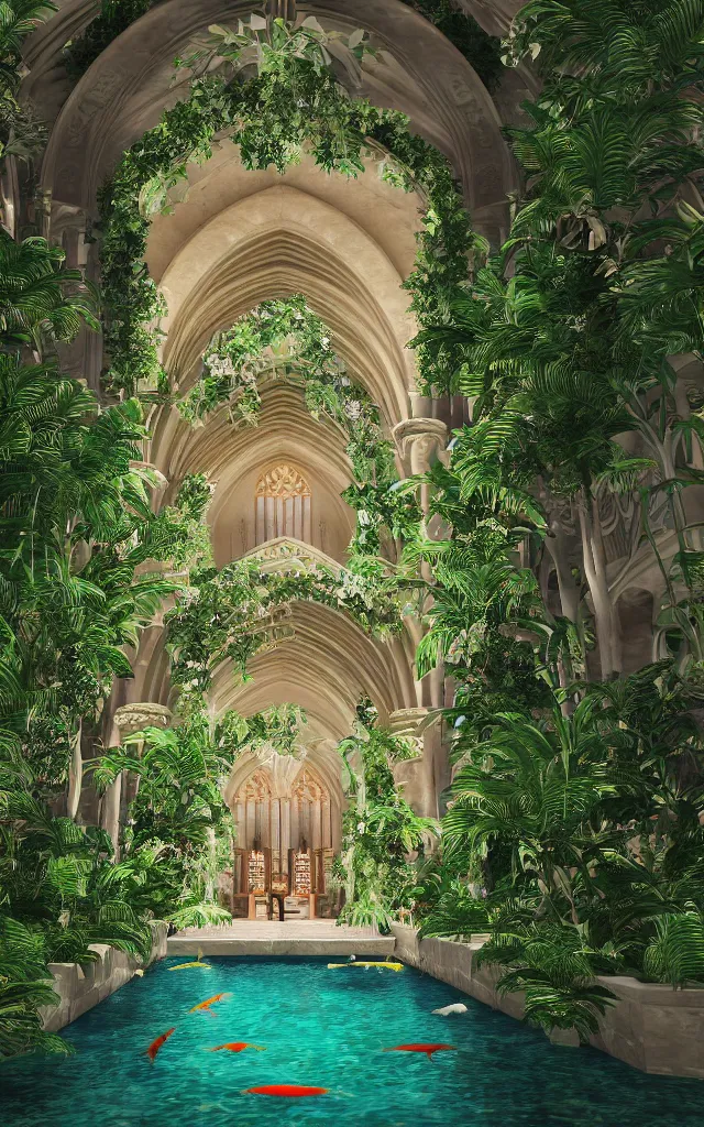 Prompt: grand cathedral interior with koi! pond! in the middle! surrounded by palm trees, ivy, flowers!, tropical plants, roses!, and with archways, rendered in octane render with photorealistic volumetric cinematic lighting, wide angle, horizontal symmetry, 8 k