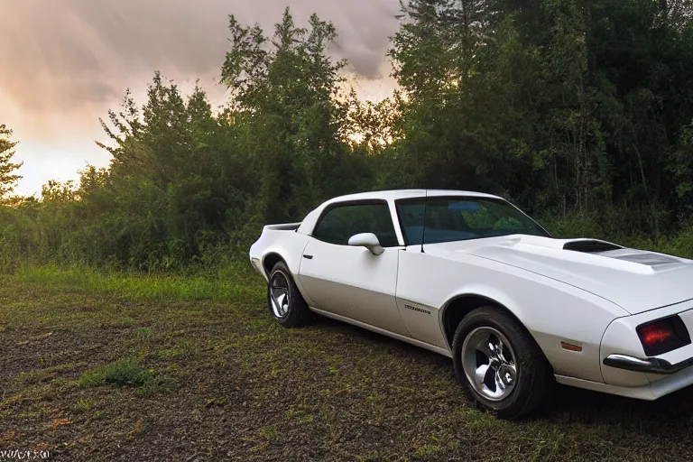 Prompt: pontiac firebird with white paint, cat inside car, sunrise, eerie light, fireflies, dog watching the car, dramatic, cinematic, forest, horror, sunbeams, volumetric lighting, wide shot, low angle, lightning storm hitting the car, ground cracking open to reveal a portal to hell