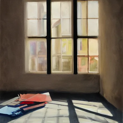 Prompt: high quality painting of a cluttered art studio, large window, volumetric sunlight dappled shadows.