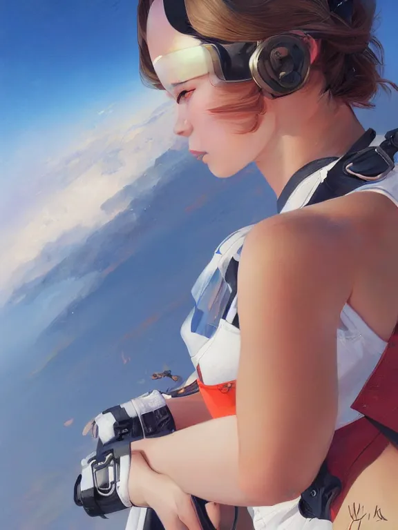 Image similar to an ultradetailed beautiful portrait painting of a girl as an skydiver, side view, oil painting, high resolution, by ilya kuvshinov, greg rutkowski and makoto shinkai