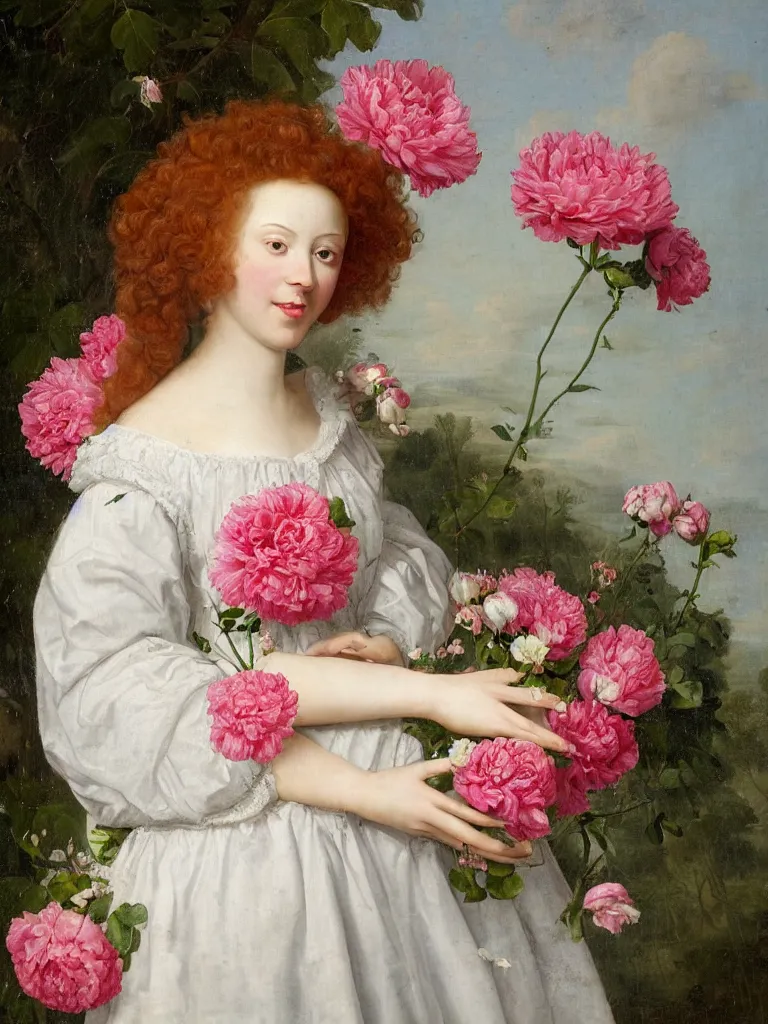 Image similar to Dutch style, Renaissance studio portrait painting of a beautiful, young woman with rosy cheeks, luscious, voluminous, curly red hair adorned with many pink and white flowers, cherry blossoms, peonies, white roses, baby's breath flowers, wearing a white lace dress, against a sea green textured backdrop, in the style of Jan Davidzoon de Heem,