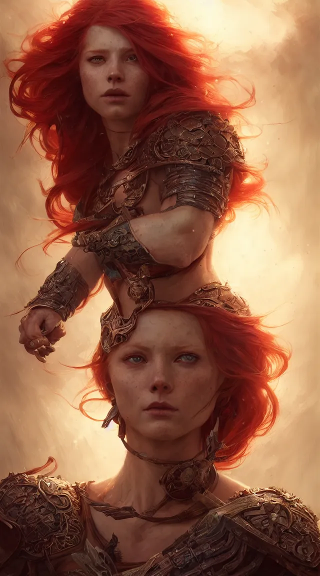 Image similar to highly detailed portrait of a warrior redhead woman, elden ring, stephen bliss, fantasy art by greg rutkowski, loish, rhads, ferdinand knab, makoto shinkai and lois van baarle, ilya kuvshinov, rossdraws, tom bagshaw, global illumination, radiant light, detailed and intricate environment