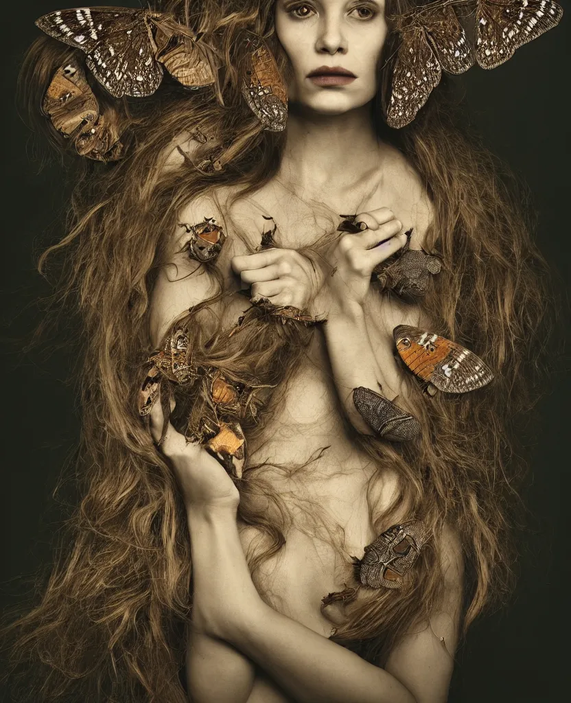 Image similar to head and shoulders portrait of a beautiful woman with a large moth sitting on her face, caterpillars and grubs crawl over her body, long flowing hair, disturbibg and gothic, by Nina Masic by Flora Borsi, by Lee Jeffries