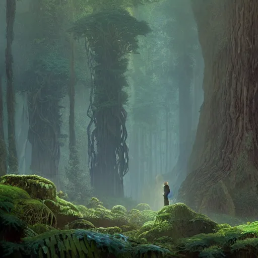 Image similar to horrible surreal mushrooms overwhelming redwood forest, creeping fig vines, ferns and waterfalls shadow of the colossus screenshot by j. c. leyendecker, simon stalenhag, studio ghibli, barlowe, audobon and beksinski