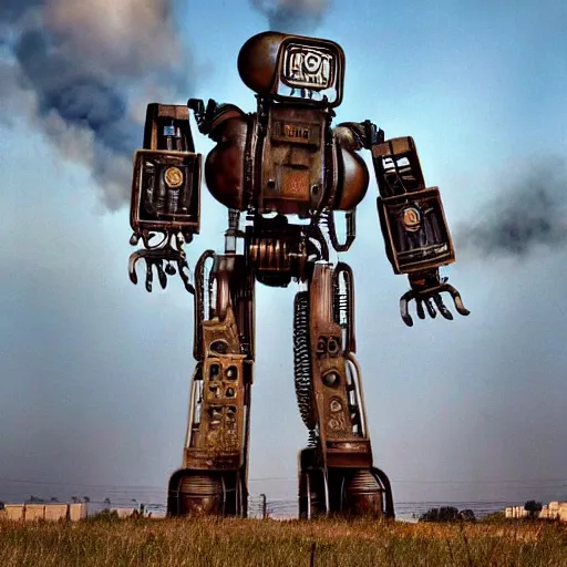 Prompt: massive humanoid steampunk robot stands over city ruins, smoky horizon, warm sunlight, fine detail, dystopian art