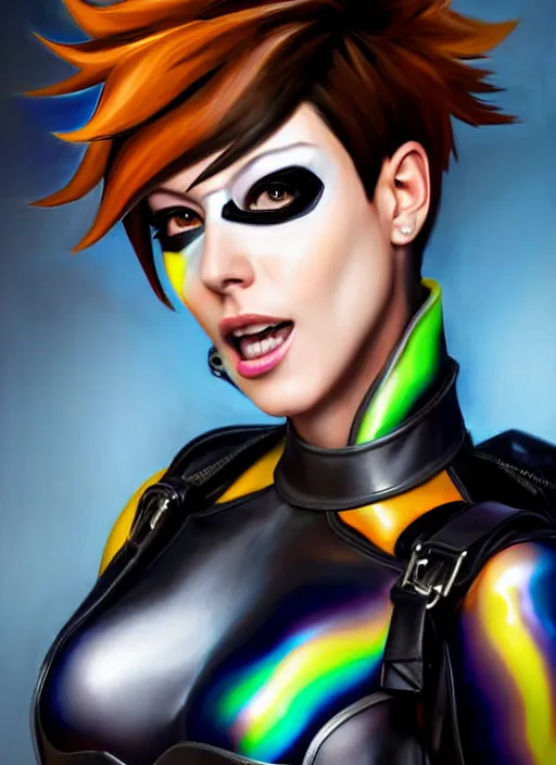 Image similar to oil painting digital artwork of tracer overwatch, confident pose, wearing black iridescent rainbow latex, 4 k, expressive happy smug expression, makeup, in style of mark arian, wearing leather collar, wearing sleek full body armor, black leather harness, expressive detailed face and eyes,