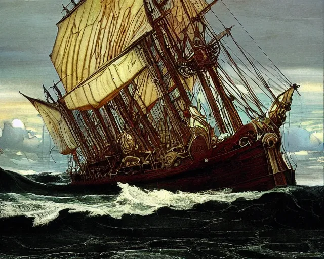 Prompt: a stunning, realistic, beautiful oil painting view from behind, showing the tall stained glass rose window of an enormous, ornate, elaborate galleon in a gathering storm. detailed, intricate, by n. c. wyeth, james gurney, and john williams waterhouse.