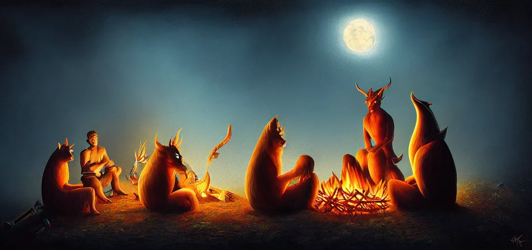 Image similar to strange mythical beasts of sitting around a fire under a full moon, surreal dark uncanny painting by ronny khalil