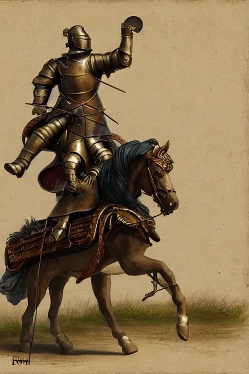 Image similar to ( ( ( ( ( ( ( a knight riding a horse with wagon wheels ) ) ) ) ) ) ) by chris mcgrath and greg rutowski and wlop!!!!!!!!!!!!!! muted colors, detailed