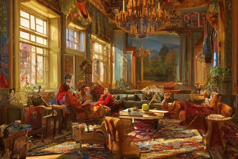 Image similar to a bright bohemian parlor with sunbeams streaming in from tall windows, by Ludwig Deutsch and Evelyn De Morgan and Donato Giancola, floral embroidery, carved wood, oriental carpets,rich color, dramatic cinematic lighting, featured on Artstation, cgsociety, unreal engine