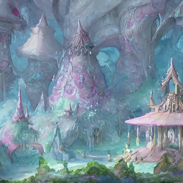 Prompt: the pastel squid palace at the blossom coast beautifully showcases elven architecture. watercolor by the award - winning concept artist