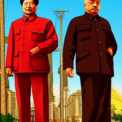 Image similar to Mao Zedong alongside Joseph Stalin in GTA V, Cover art by Stephen Bliss, Boxart, loading screen