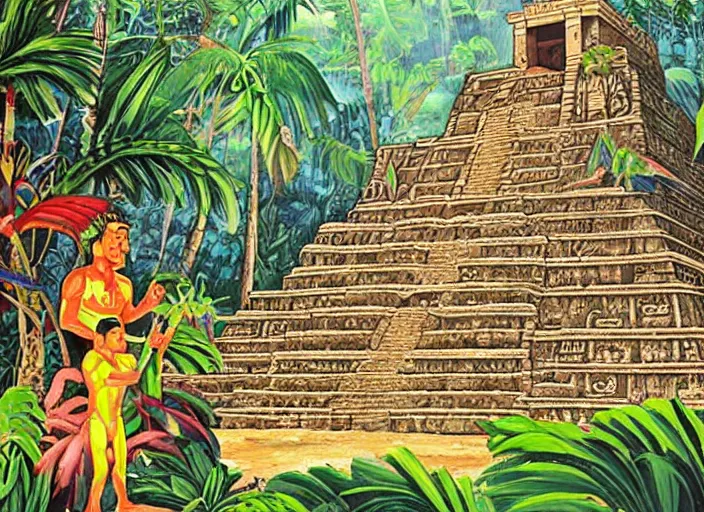 Prompt: Hand-painted Lucasarts background of a mayan temple in the middle of the jungle.